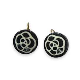 Chanel-Chanel Camellia Coco Mark Stud Earrings-Black,White,Golden
