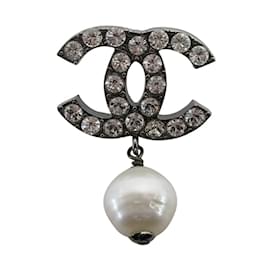 Chanel-Chanel Rhinestone Coco Mark Fake Pearl Earrings-Silvery