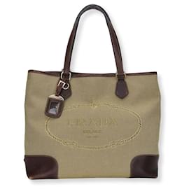 Prada-Prada Tote Bag Canvas Leather Tote Bag-Brown,Beige
