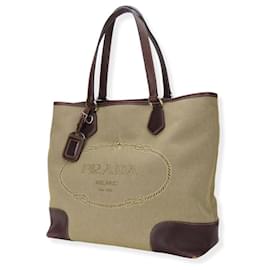 Prada-Prada Tote Bag Canvas Leather Tote Bag-Brown,Beige