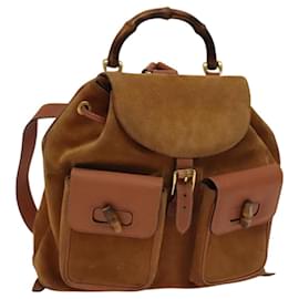 Gucci-GUCCI Bamboo Backpack Suede Leather Brown Gold 003 58 0016 Auth 116338-Brown,Golden
