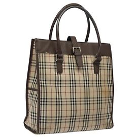 BURBERRY Nova Check Tote Bag Canvas Beige Silver Auth 118228 Silvery Beige