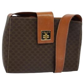 Céline Bolsa de ombro em lona Macadam CELINE em couro PVC marrom dourado Auth 120373 Marrom Dourado