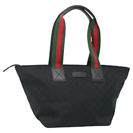 Gucci-GUCCI GG Canvas Web Sherry Line Tote Bag Black Silver Red 131230 Auth ep8652-Black,Silvery,Red