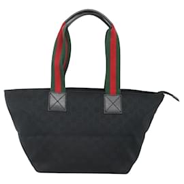 Gucci-GUCCI GG Canvas Web Sherry Line Tote Bag Black Silver Red 131230 Auth ep8652-Black,Silvery,Red