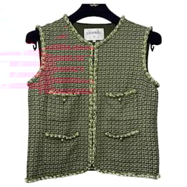 Chanel-Chanel 17S Red Multicolor Pearl Trim Tweed Waistcoat Vest FR 40-Red,Multiple colors