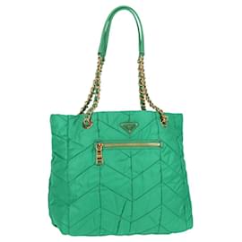 Prada-PRADA Quilted Chain Tote Bag Nylon Green Gold BR4383 Auth am8126AM-Golden,Green