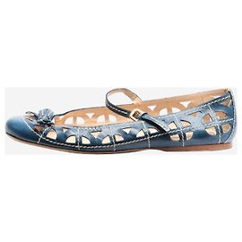 Prada Blue leather cutout Mary Jane flats - size EU 39 Blue