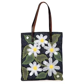 Fendi-Fendi Blue Denim Floral Applique Tote-Blue,Navy blue