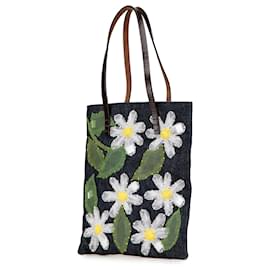 Fendi-Fendi Blue Denim Floral Applique Tote-Blue,Navy blue