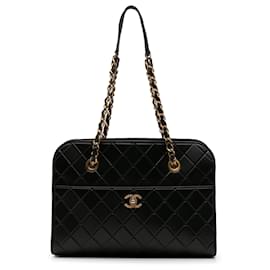 Chanel-Chanel Black CC Quilted Calfskin Front Pocket Shopping Tote-Black
