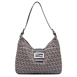 Fendi-Sac à épaule en toile Zucchino gris Fendi-Marron