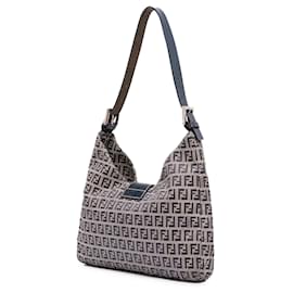 Fendi-Sac à épaule en toile Zucchino gris Fendi-Marron