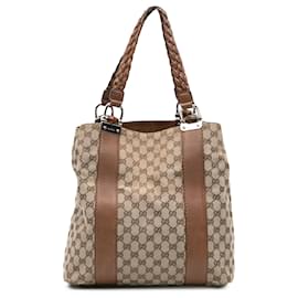 Gucci-Gucci Brown Large GG Canvas Bamboo Bar Tote-Brown,Beige