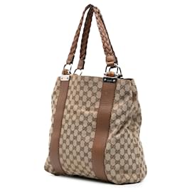 Gucci-Gucci Brown Large GG Canvas Bamboo Bar Tote-Brown,Beige