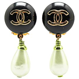Chanel-Chanel Black CC Resin Dangling Faux Pearl Clip on Earrings-Black