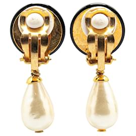 Chanel-Chanel Black CC Resin Dangling Faux Pearl Clip on Earrings-Black