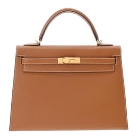 Hermès-Hermes Kelly 32 Handbag in Gold Brown-Brown