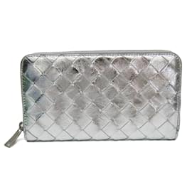 Bottega Veneta-Bottega Veneta Intrecciato Leather Long Wallet-Silvery