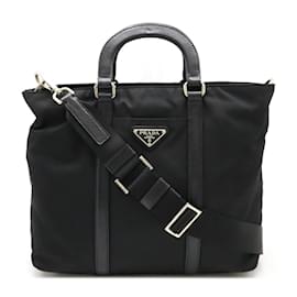 Prada-Prada Nylon Leather Handbag Tote-Black,Blue