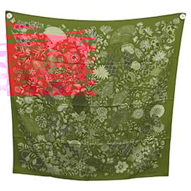 Hermès-HERMES SCARF FLOWERS AND BUTTERFLIES BY C. HENRY CARRE 90 SILK-Red