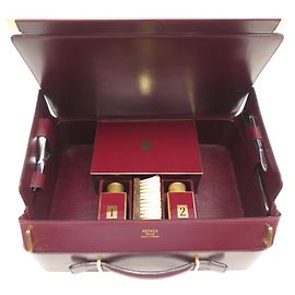 Hermès HERMES TOILET CASE 1979 BOX LEATHER BORDEAUX BRUSH BOTTLES SET Dark red
