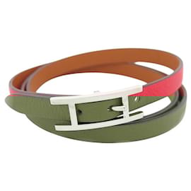 Hermès-NINE HERMES BEHAPI TRIPLE TOUR 20-22 SWIFT LEATHER PINK STRAP BANGLE-Pink