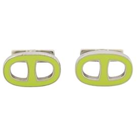Hermès-HERMES ANCHOR CHAIN ENAMEL CUFFLINKS + ENAMEL CASE-Silvery