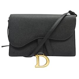 Christian Dior-NEW CHRISTIAN DIOR HAND BAG BELT POUCH SADDLE BLACK LEATHER-Black