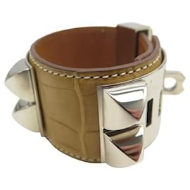Hermès-HERMES MEDOR COLLAR DOG CDC IN ALLIGATOR CROCODILE LEATHER-Beige