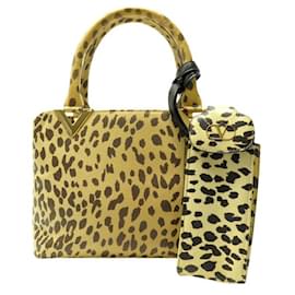 Valentino-VALENTINO COUTURE V LOGO LEOPARD LEATHER HANDBAG + PHONE CASE PURSE-Beige