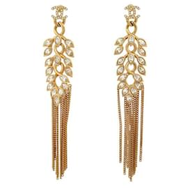Chanel-CHANEL LOGO CC PENDANT CHAINS STRASS GOLD EARRINGS-Golden