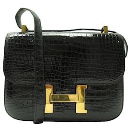 Hermès-VINTAGE HERMES CONSTANCE 23 BLACK POROSUS CROCODILE LEATHER HANDBAG-Black