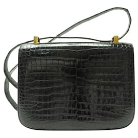 Hermès-VINTAGE HERMES CONSTANCE 23 BLACK POROSUS CROCODILE LEATHER HANDBAG-Black
