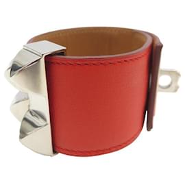 Hermès-HERMES COLLAR DOG MEDOR CDC 16CM SWIFT LEATHER RED PALLADIUM-Red