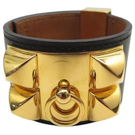 Hermès-HERMES COLLAR DOG BRACELET MEDOR CDC 16CM SWIFT LEATHER BLACK GOLD METAL-Black