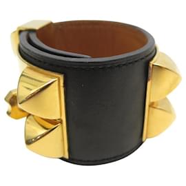 Hermès-HERMES COLLAR DOG BRACELET MEDOR CDC 16CM SWIFT LEATHER BLACK GOLD METAL-Black