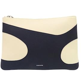 Salvatore Ferragamo-Salvatore Ferragamo Leather Clutch Bag-Cream,Navy blue