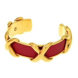 Hermès-Hermes Cross Metal Leather Red Bangle-Red,Golden