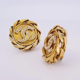 Chanel-Chanel Gold Plated Clip Earrings with Rhinestones-Golden