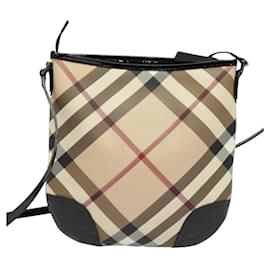 Burberry-BURBERRY Nova Check Shoulder Bag PVC Beige Silver Auth 119549-Silvery,Beige