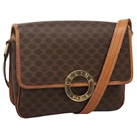 Céline-CELINE Macadam Canvas Shoulder Bag PVC Leather Brown Gold Auth 116385-Brown,Golden