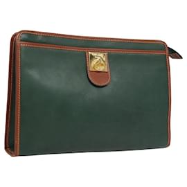 Céline-CELINE Clutch Bag Leather Green Gold Auth 120405-Golden,Green