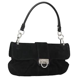Salvatore Ferragamo-Salvatore Ferragamo Gancini Hand Bag Suede Silver Black Auth 116360-Black,Silvery