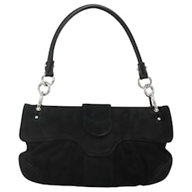 Salvatore Ferragamo-Salvatore Ferragamo Gancini Hand Bag Suede Silver Black Auth 116360-Black,Silvery
