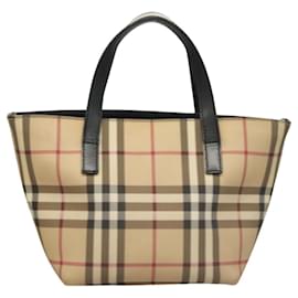 Burberry-BURBERRY Nova Check Hand Bag PVC Beige Silver Auth am8055-Silvery,Beige