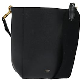 Céline-CELINE Sangle Bucket Shoulder Bag Leather Black Gold Auth 119393-Black,Golden