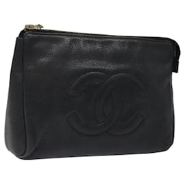 Chanel-CHANEL COCO Mark Pouch Caviar Skin Black CC Auth am8059-Black