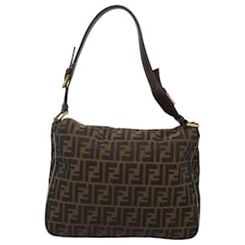 Fendi-Sac à épaule FENDI en toile Zucca noir marron Auth 116318-Marron,Noir