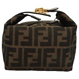 Fendi-FENDI Zucca Canvas Pouch Hand Bag Black Brown Auth 116355-Brown,Black